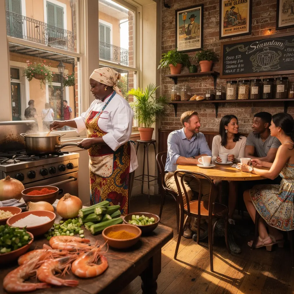 Традиционное креольское блюдо, поданное на яркой тарелке в ресторане