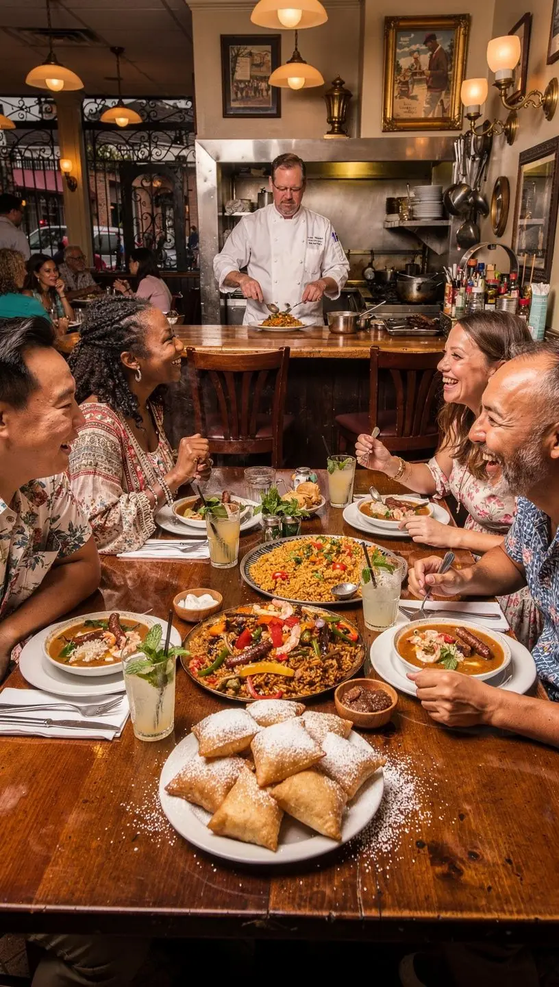 Доска с меню креольской кухни на фоне ярких фасадов зданий.