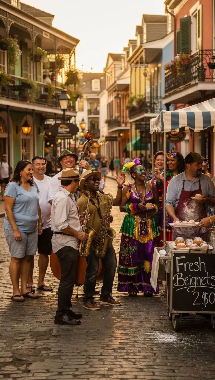 Улица Французского квартала с исторической архитектурой и уютными кафе